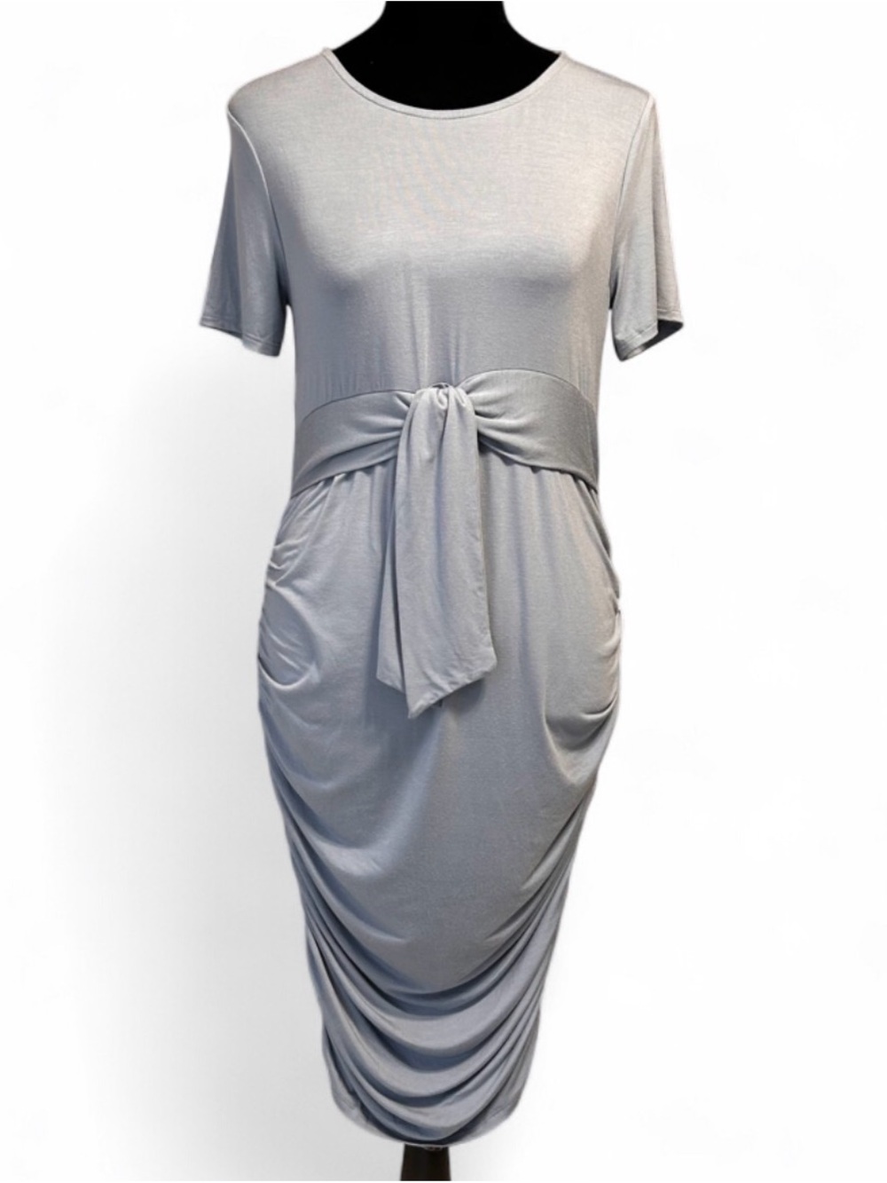 Hello Mia Bluish Gray Tie-Front Midi Dress S, Short Sleeves Rug Sides